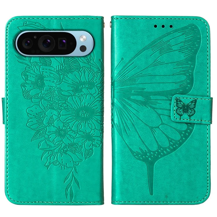 YB Imprinting Series-4 For Google Pixel 9 PU Leather Case Butterfly Pattern Cover with Wrist Strap
