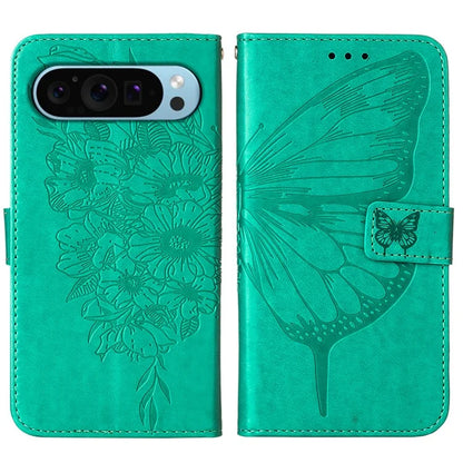 YB Imprinting Series-4 For Google Pixel 9 PU Leather Case Butterfly Pattern Cover with Wrist Strap