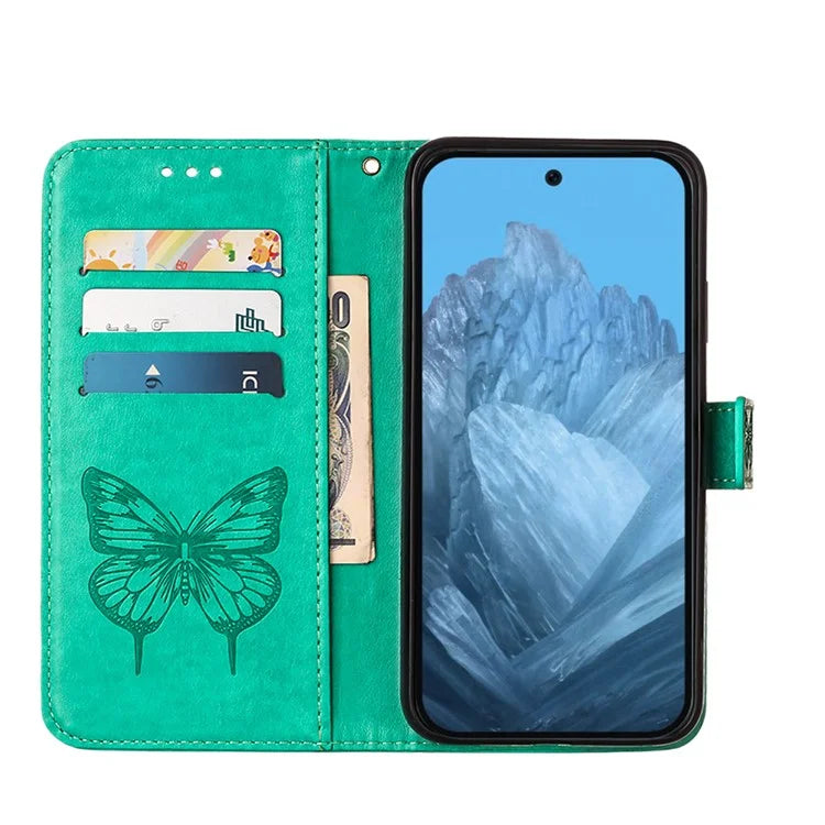 YB Imprinting Series-4 For Google Pixel 9 PU Leather Case Butterfly Pattern Cover with Wrist Strap