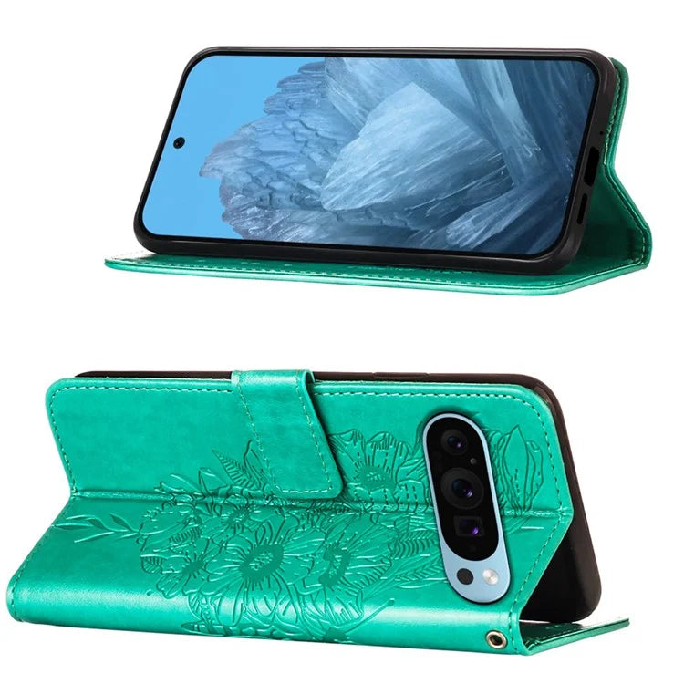 YB Imprinting Series-4 For Google Pixel 9 PU Leather Case Butterfly Pattern Cover with Wrist Strap
