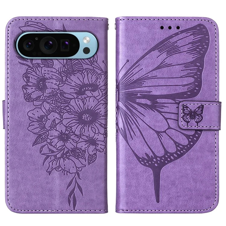 YB Imprinting Series-4 For Google Pixel 9 PU Leather Case Butterfly Pattern Cover with Wrist Strap
