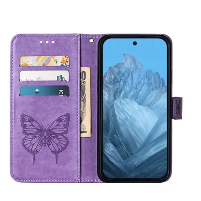 YB Imprinting Series-4 For Google Pixel 9 PU Leather Case Butterfly Pattern Cover with Wrist Strap