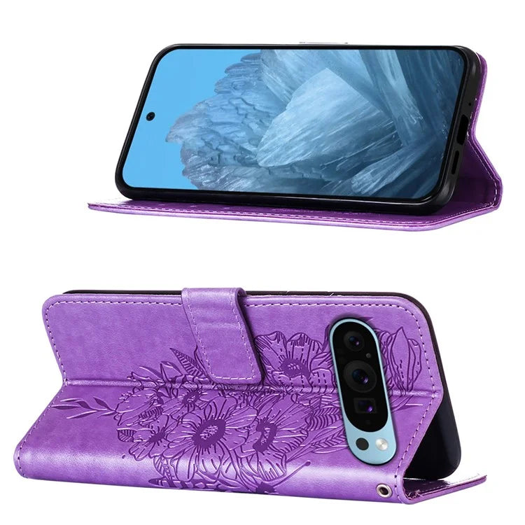 YB Imprinting Series-4 For Google Pixel 9 PU Leather Case Butterfly Pattern Cover with Wrist Strap