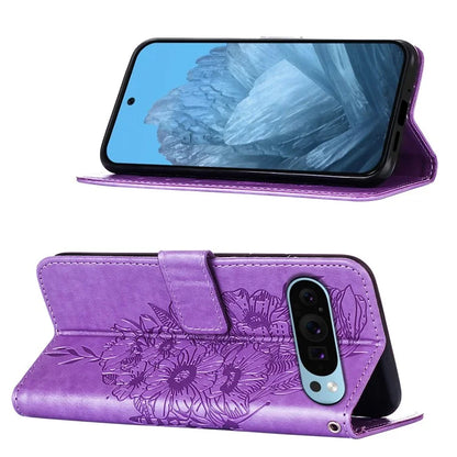 YB Imprinting Series-4 For Google Pixel 9 PU Leather Case Butterfly Pattern Cover with Wrist Strap