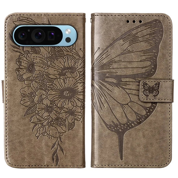 YB Imprinting Series-4 For Google Pixel 9 PU Leather Case Butterfly Pattern Cover with Wrist Strap