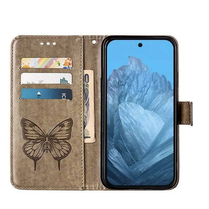 YB Imprinting Series-4 For Google Pixel 9 PU Leather Case Butterfly Pattern Cover with Wrist Strap