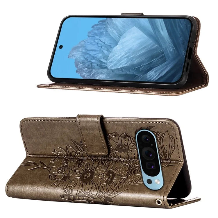 YB Imprinting Series-4 For Google Pixel 9 PU Leather Case Butterfly Pattern Cover with Wrist Strap
