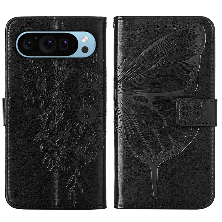 YB Imprinting Series-4 For Google Pixel 9 PU Leather Case Butterfly Pattern Cover with Wrist Strap