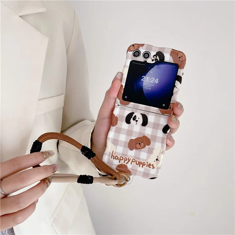 For Samsung Galaxy Z Flip5 5G Cover PC Protective Case with Hand Strap Lovely Pattern
