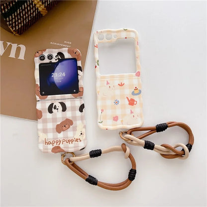For Samsung Galaxy Z Flip5 5G Cover PC Protective Case with Hand Strap Lovely Pattern