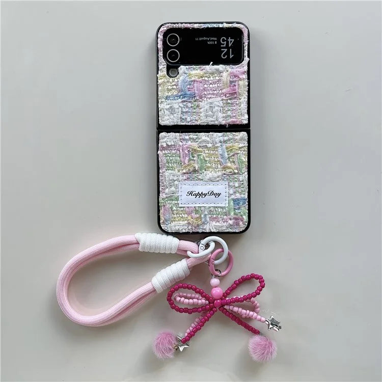For Samsung Galaxy Z Flip4 5G Phone Shell Plush Textile Protective Phone Case with Hand Strap