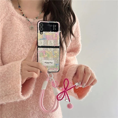 For Samsung Galaxy Z Flip4 5G Phone Shell Plush Textile Protective Phone Case with Hand Strap
