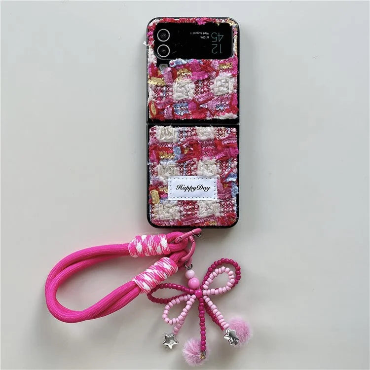 For Samsung Galaxy Z Flip4 5G Phone Shell Plush Textile Protective Phone Case with Hand Strap