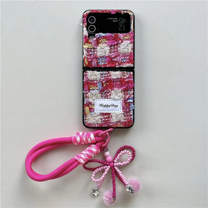 For Samsung Galaxy Z Flip4 5G Phone Shell Plush Textile Protective Phone Case with Hand Strap