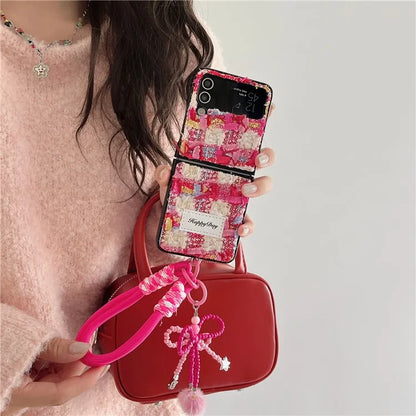 For Samsung Galaxy Z Flip4 5G Phone Shell Plush Textile Protective Phone Case with Hand Strap