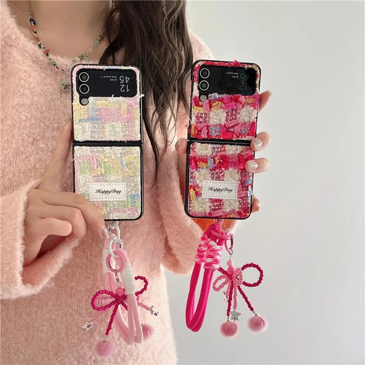 For Samsung Galaxy Z Flip4 5G Phone Shell Plush Textile Protective Phone Case with Hand Strap