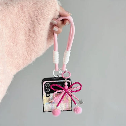 For Samsung Galaxy Z Flip4 5G Phone Shell Plush Textile Protective Phone Case with Hand Strap