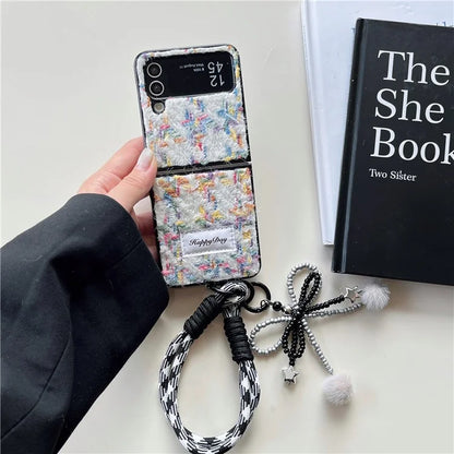 For Samsung Galaxy Z Flip4 5G Phone Shell Plush Textile Protective Phone Case with Hand Strap