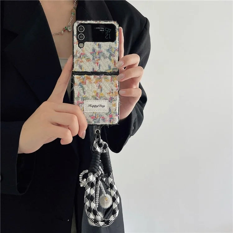 For Samsung Galaxy Z Flip4 5G Phone Shell Plush Textile Protective Phone Case with Hand Strap