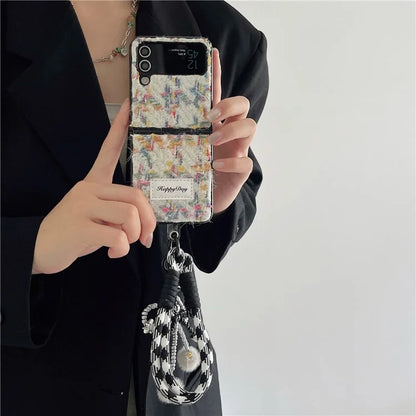 For Samsung Galaxy Z Flip4 5G Phone Shell Plush Textile Protective Phone Case with Hand Strap