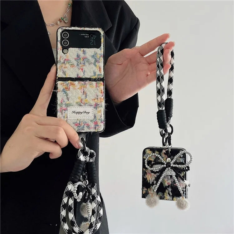 For Samsung Galaxy Z Flip4 5G Phone Shell Plush Textile Protective Phone Case with Hand Strap