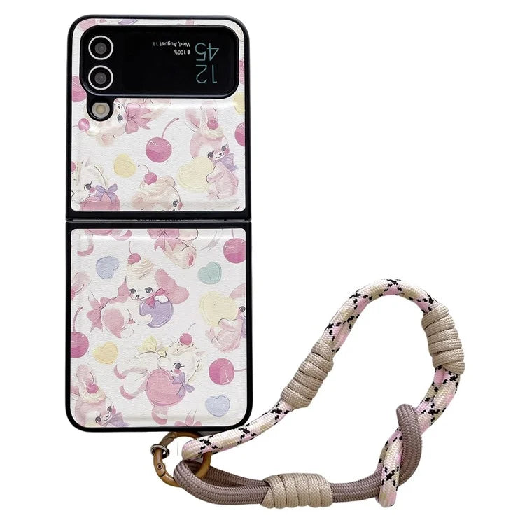 For Samsung Galaxy Z Flip4 5G Case Adorable Cartoon Prints Phone Cover with Hand Strap