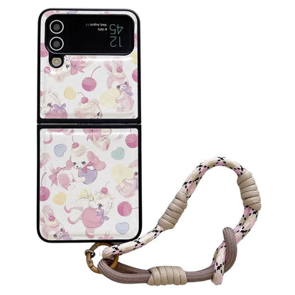 For Samsung Galaxy Z Flip4 5G Case Adorable Cartoon Prints Phone Cover with Hand Strap
