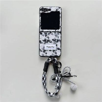 For Samsung Galaxy Z Flip5 5G Case PC+Textile Protective Phone Cover with Hand Strap