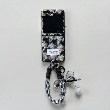 For Samsung Galaxy Z Flip5 5G Case PC+Textile Protective Phone Cover with Hand Strap