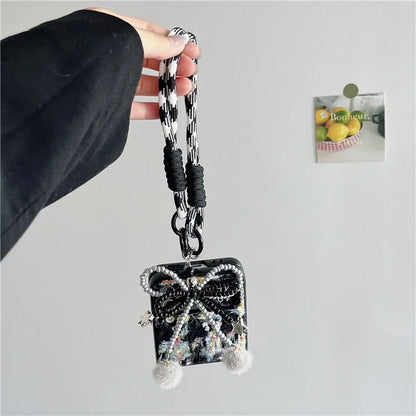 For Samsung Galaxy Z Flip5 5G Case PC+Textile Protective Phone Cover with Hand Strap
