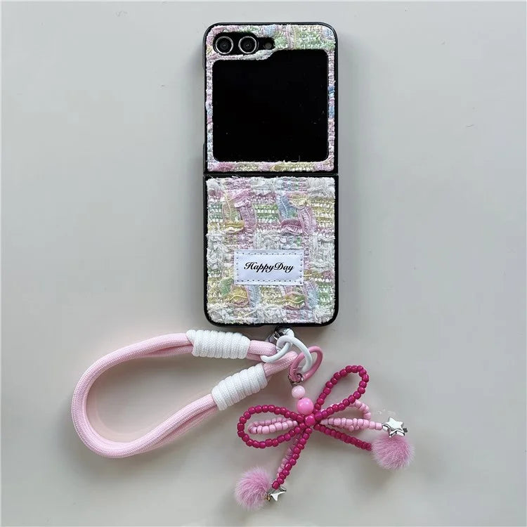 For Samsung Galaxy Z Flip5 5G Case PC+Textile Protective Phone Cover with Hand Strap