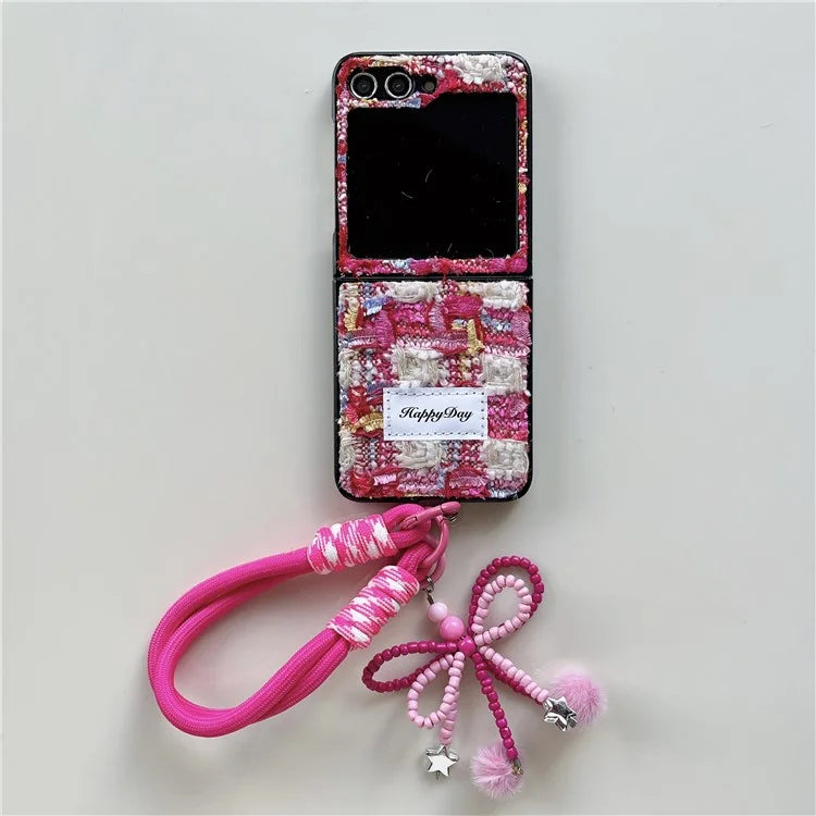 For Samsung Galaxy Z Flip5 5G Case PC+Textile Protective Phone Cover with Hand Strap