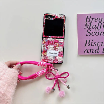 For Samsung Galaxy Z Flip5 5G Case PC+Textile Protective Phone Cover with Hand Strap