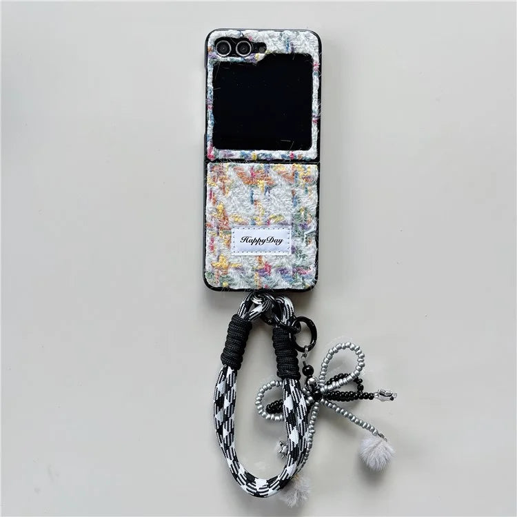 For Samsung Galaxy Z Flip5 5G Case PC+Textile Protective Phone Cover with Hand Strap