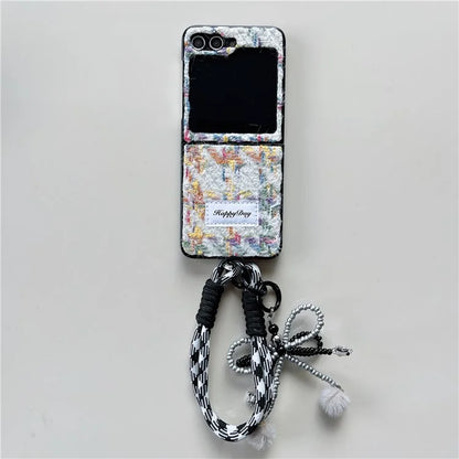 For Samsung Galaxy Z Flip5 5G Case PC+Textile Protective Phone Cover with Hand Strap