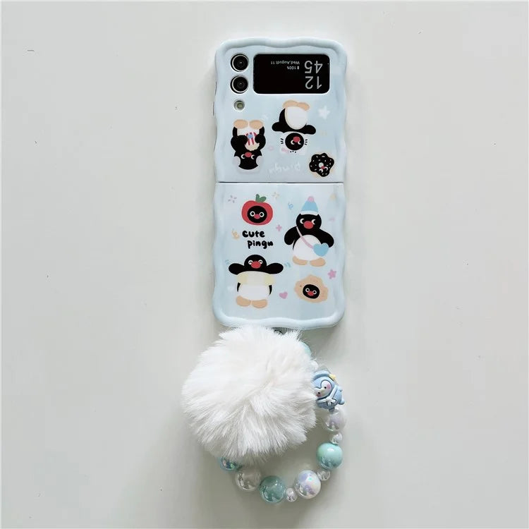 For Samsung Galaxy Z Flip4 5G Case Penguin Pattern IMD PC Phone Cover with Hand Strap