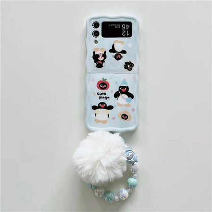 For Samsung Galaxy Z Flip4 5G Case Penguin Pattern IMD PC Phone Cover with Hand Strap