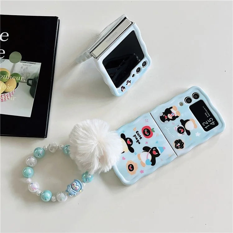 For Samsung Galaxy Z Flip4 5G Case Penguin Pattern IMD PC Phone Cover with Hand Strap