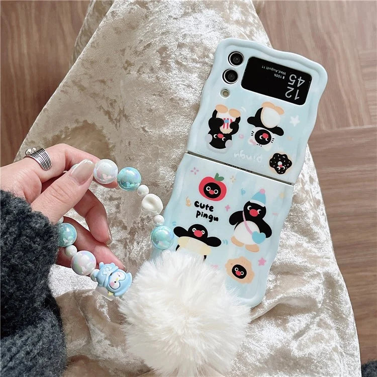For Samsung Galaxy Z Flip4 5G Case Penguin Pattern IMD PC Phone Cover with Hand Strap