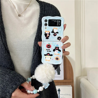 For Samsung Galaxy Z Flip4 5G Case Penguin Pattern IMD PC Phone Cover with Hand Strap
