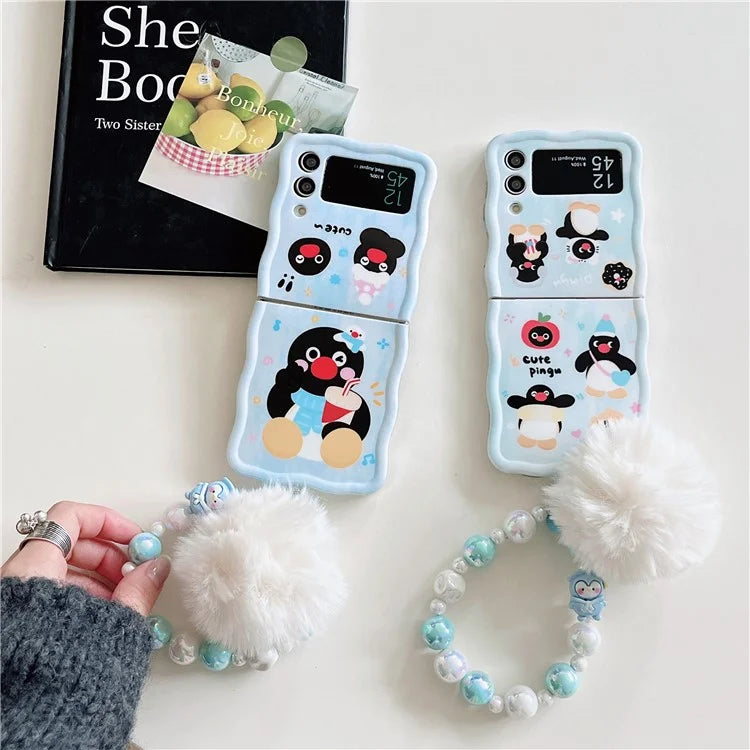 For Samsung Galaxy Z Flip4 5G Case Penguin Pattern IMD PC Phone Cover with Hand Strap