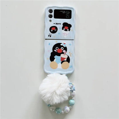 For Samsung Galaxy Z Flip4 5G Case Penguin Pattern IMD PC Phone Cover with Hand Strap