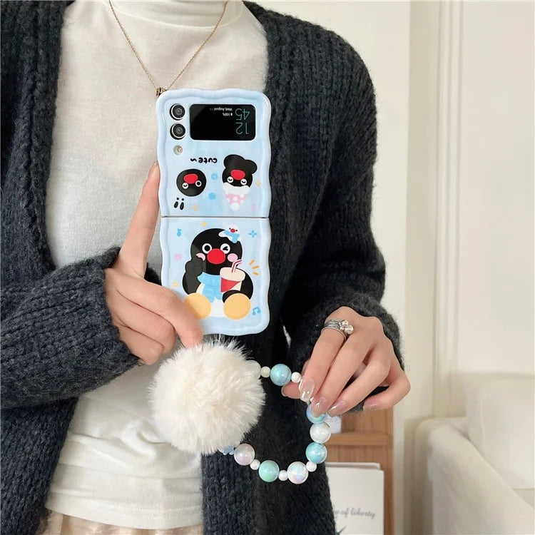 For Samsung Galaxy Z Flip4 5G Case Penguin Pattern IMD PC Phone Cover with Hand Strap