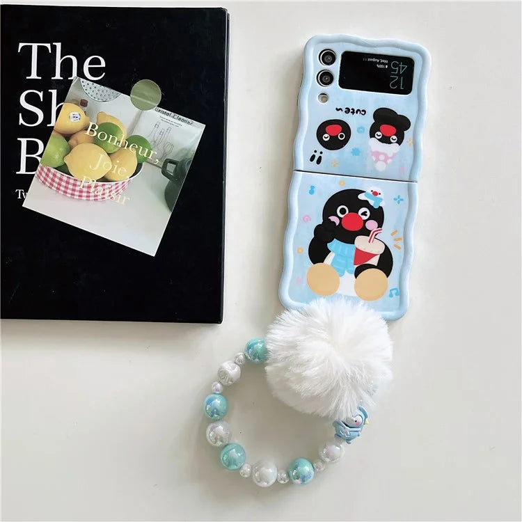 For Samsung Galaxy Z Flip4 5G Case Penguin Pattern IMD PC Phone Cover with Hand Strap