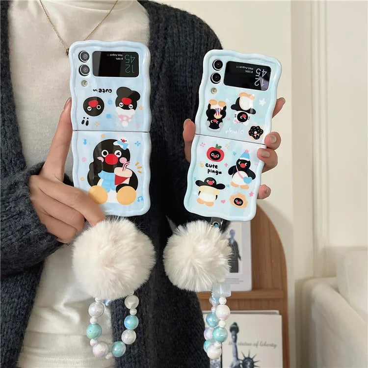 For Samsung Galaxy Z Flip4 5G Case Penguin Pattern IMD PC Phone Cover with Hand Strap