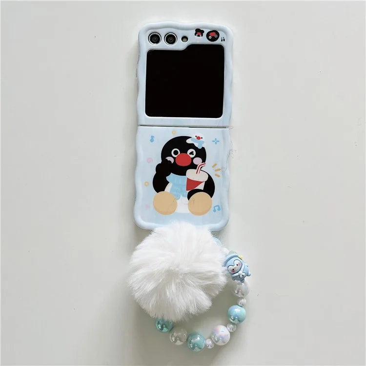 For Samsung Galaxy Z Flip4 5G PC Case Hand Strap Penguin Pattern IMD Phone Cases