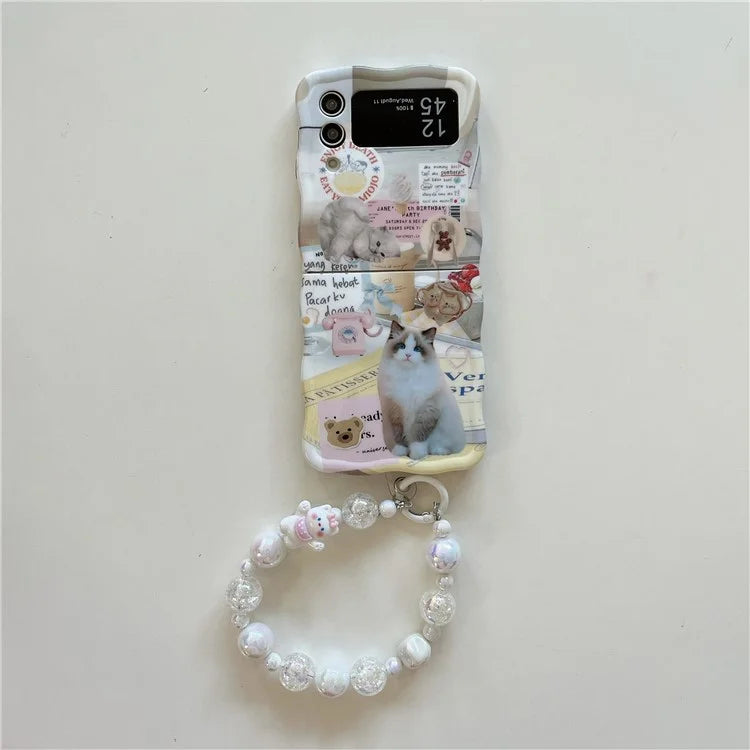 For Samsung Galaxy Z Flip4 5G Case Cute Cat Pattern IMD PC Phone Cases with Hand Strap