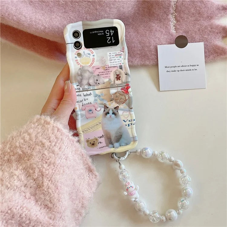For Samsung Galaxy Z Flip4 5G Case Cute Cat Pattern IMD PC Phone Cases with Hand Strap