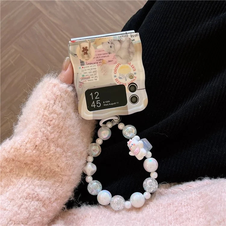 For Samsung Galaxy Z Flip4 5G Case Cute Cat Pattern IMD PC Phone Cases with Hand Strap