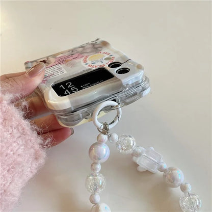 For Samsung Galaxy Z Flip4 5G Case Cute Cat Pattern IMD PC Phone Cases with Hand Strap